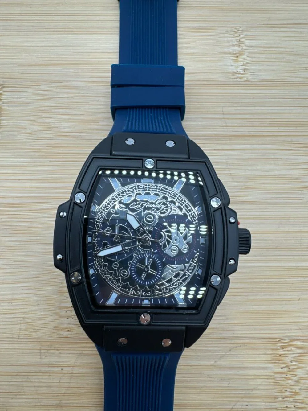 ED HARDY Men's Quartz Movement Navy/Silver Silicone Strap Singles Analog Watch
